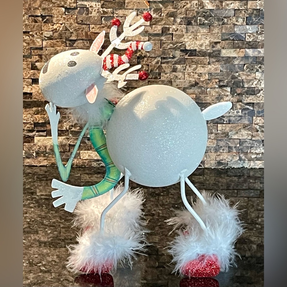 Pier 1 White Glitter Reindeer with Santa Hat & Boots Green Scarf Christmas decor - Picture 3 of 11